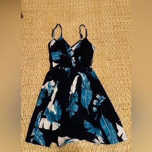 HANZHAN Casual V Neck Sleeveless Sun Dress, Blue, Flowers, Size Small, New